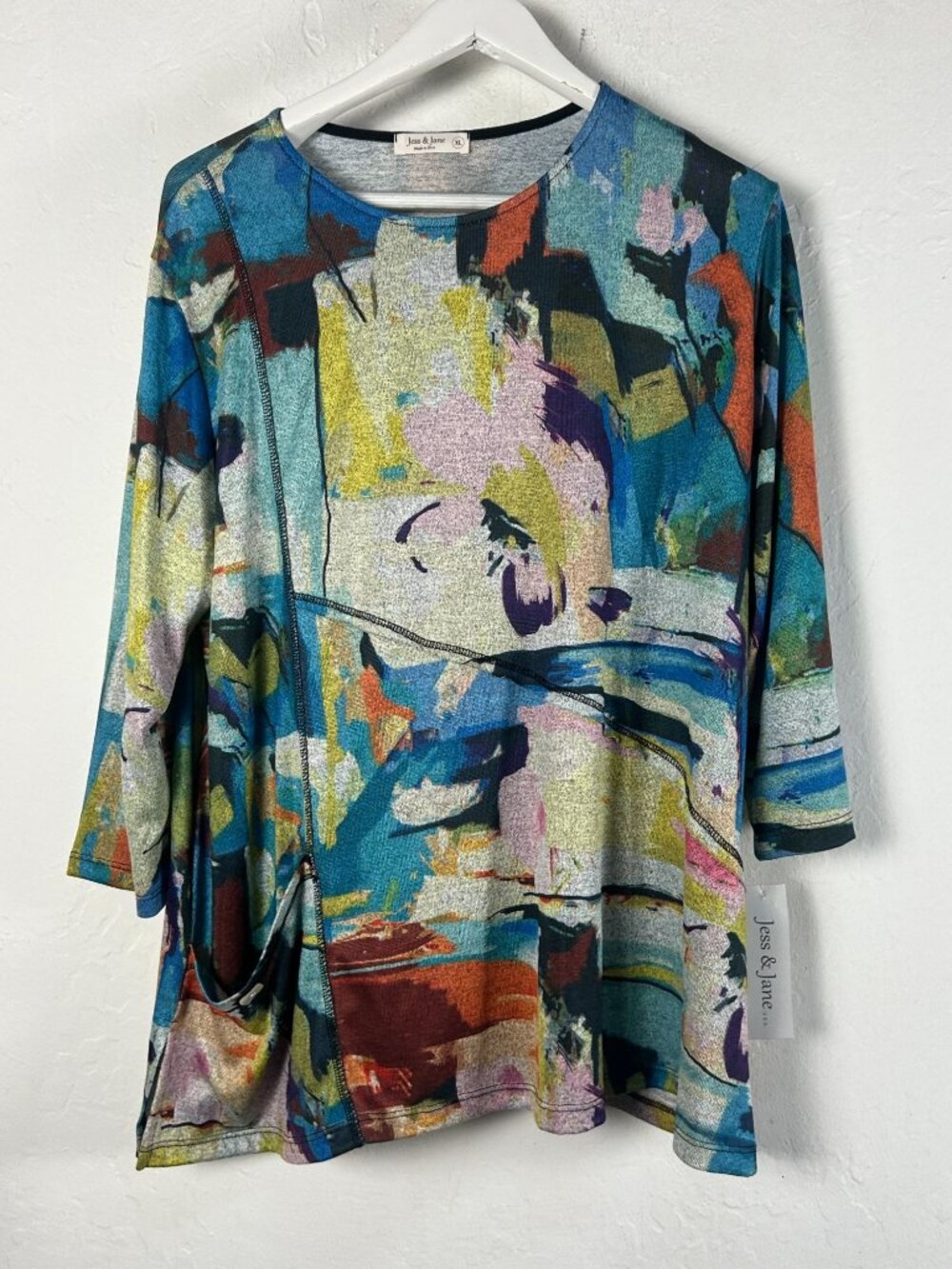 Jess & Jane Womens Abstract Floral Print Tunic Top XL 3/4 Sleeve Lightweight New